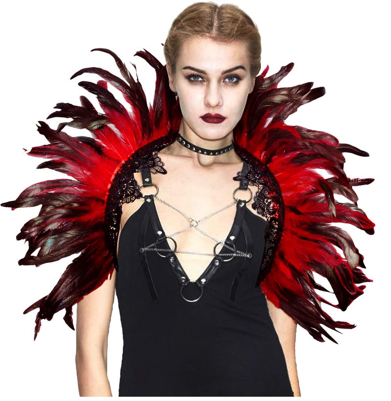 L'VOW Black Crow Feather Cape Shawl Stand Up Collar Halloween Devil Wings Witch Costume (Red) - Image 1